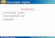 Holt McDougal Geometry 12-4 Inscribed Angles inscribed angle intercepted arc subtend Vocabulary